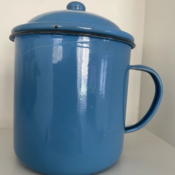 Vintage large enamelware mug with lid camping soup mug graniteware French blue - Picture 8 of 14